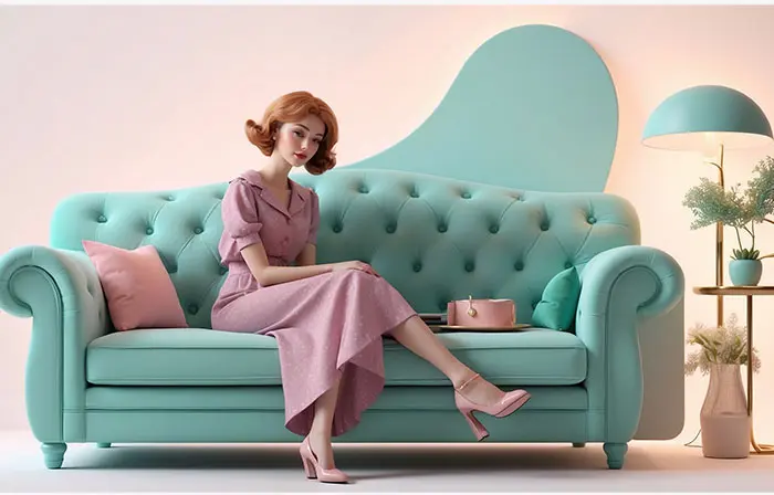 Stylish Woman Relaxing on the Sofa Realistic 3D Character Illustration image